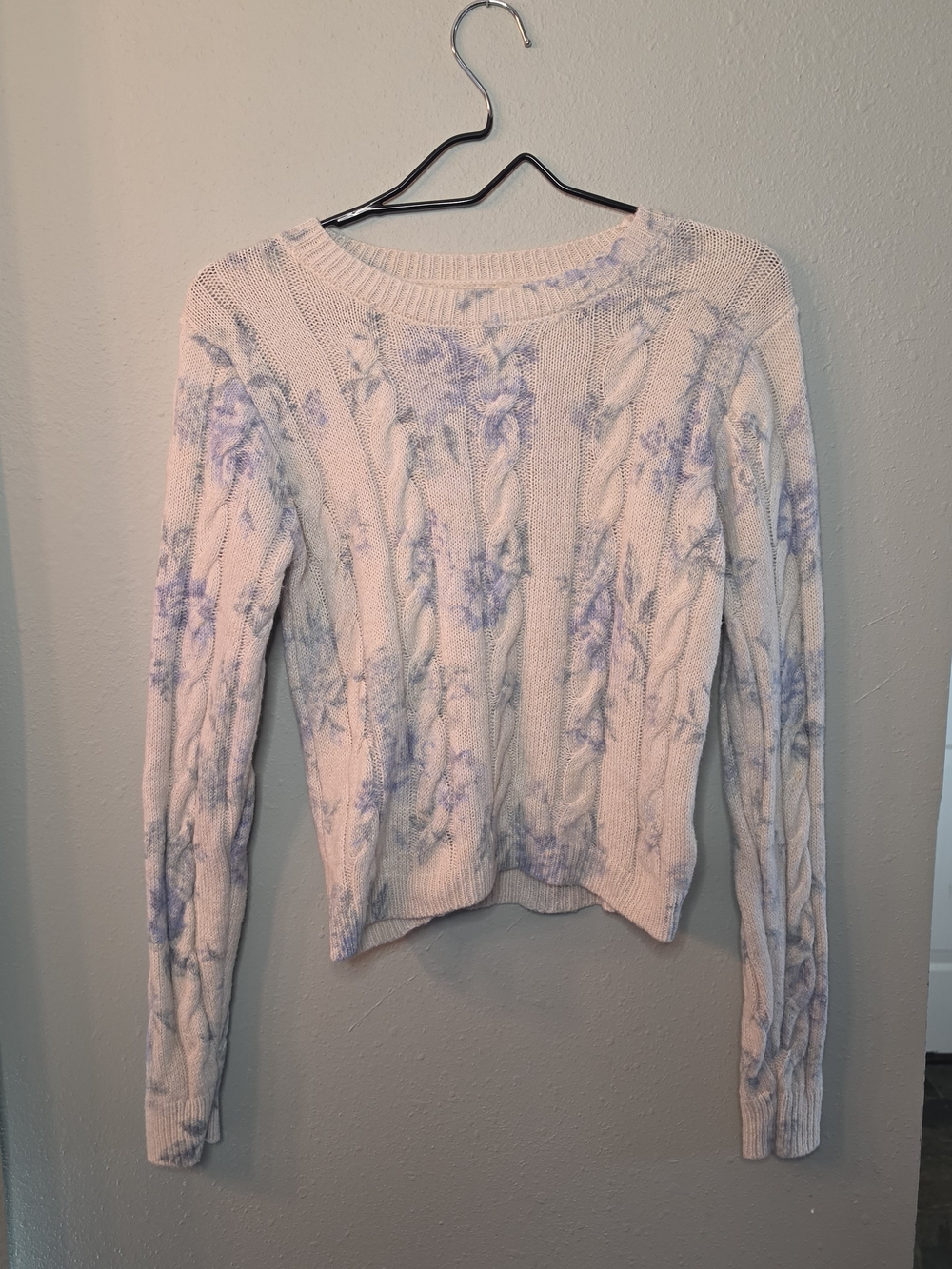 Sincerely Jules Cable Knit Floral Sweater Blue White Crew Neck XS